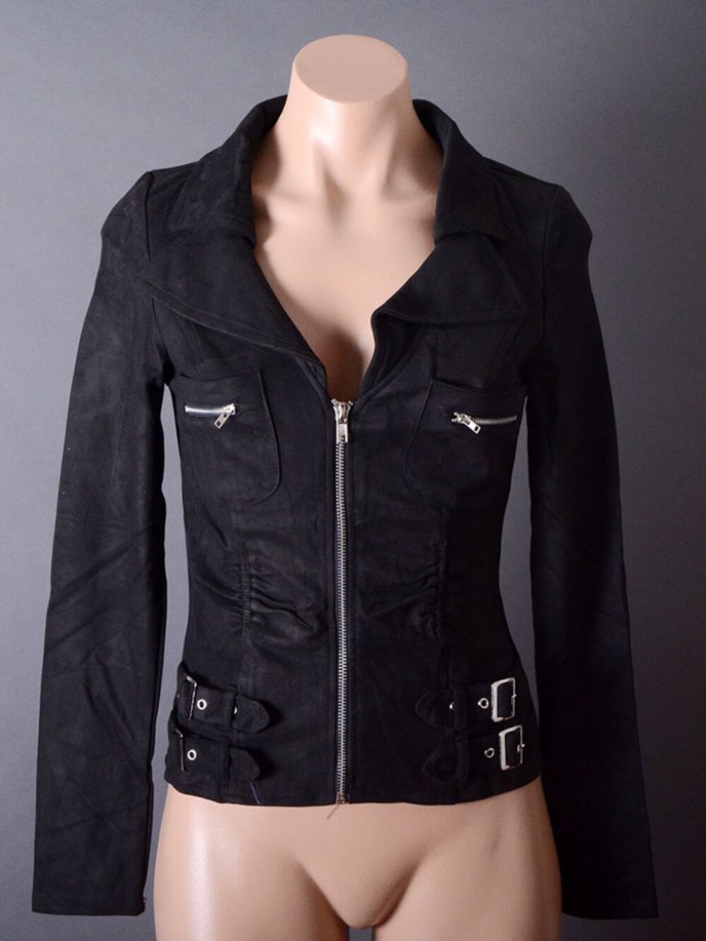 Black Biker Faux Suede Pocket Punk Long Sleeve Collar Belt Military Jacket Top